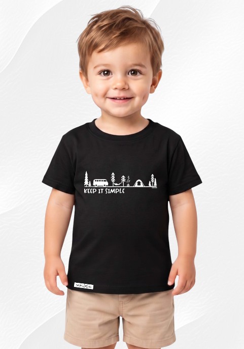 Детска черна тениска с къмпинг мотив и надпис Keep It Simple, 68-73см.