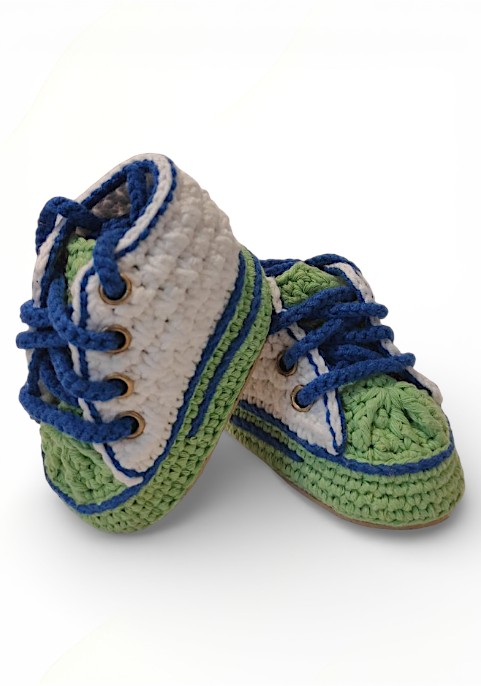 Маратонки бебешки високи бели и зелено със сини връзки