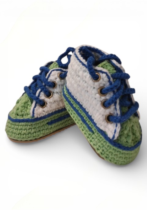 Маратонки бебешки високи бели и зелено със сини връзки