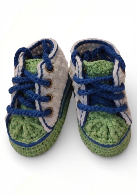 Маратонки бебешки високи бели и зелено със сини връзки