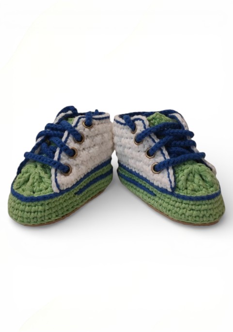 Маратонки бебешки високи бели и зелено със сини връзки