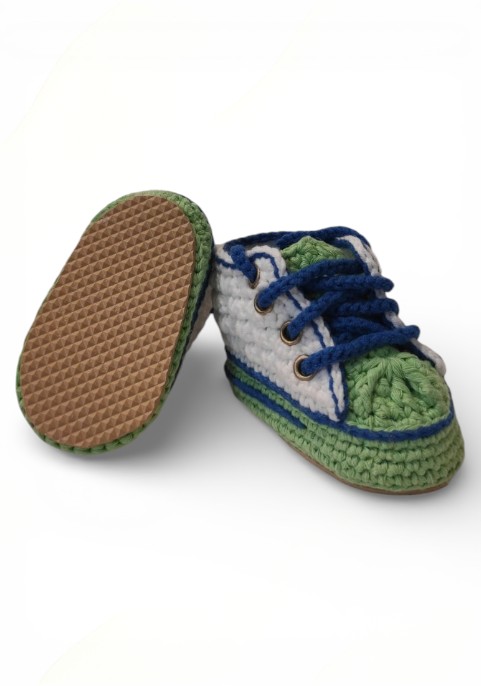 Маратонки бебешки високи бели и зелено със сини връзки