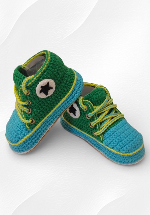 Маратонки бебешки високи синьо-зелени с жълти връзки