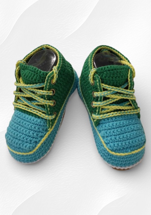 Маратонки бебешки високи синьо-зелени с жълти връзки