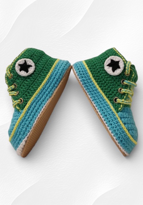 Маратонки бебешки високи синьо-зелени с жълти връзки