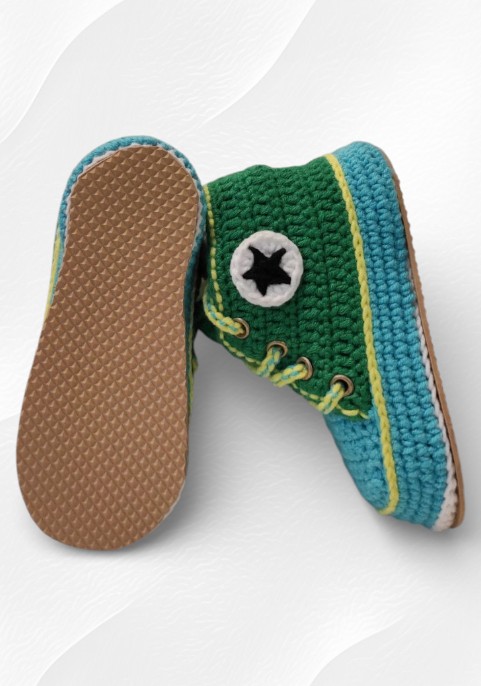 Маратонки бебешки високи синьо-зелени с жълти връзки