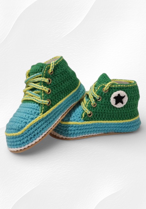 Маратонки бебешки високи синьо-зелени с жълти връзки