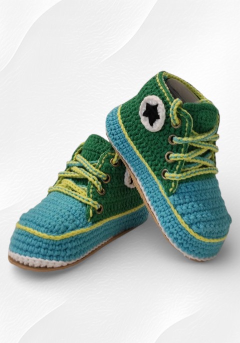 Маратонки бебешки високи синьо-зелени с жълти връзки