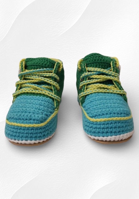 Маратонки бебешки високи синьо-зелени с жълти връзки