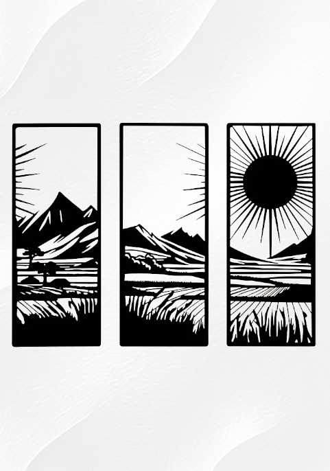 Комплект от 3 метални пана за стена „Планински пейзаж и слънце“