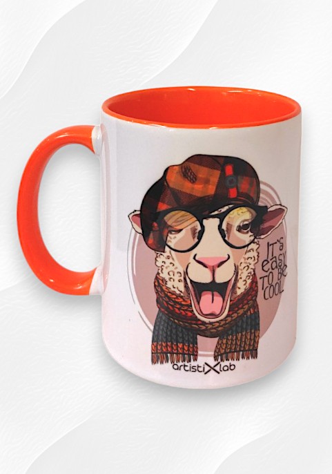 Керамична чаша  овца с оранжева дръжка