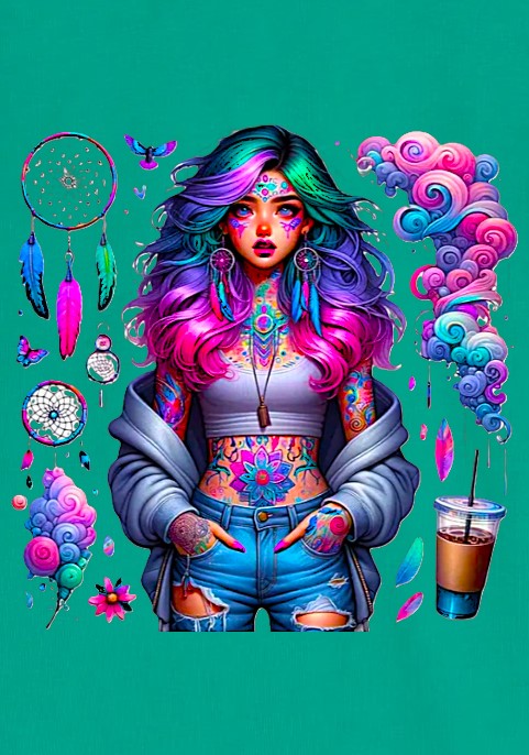 Суитшърт Ментово зелено с цип "Татуировки"